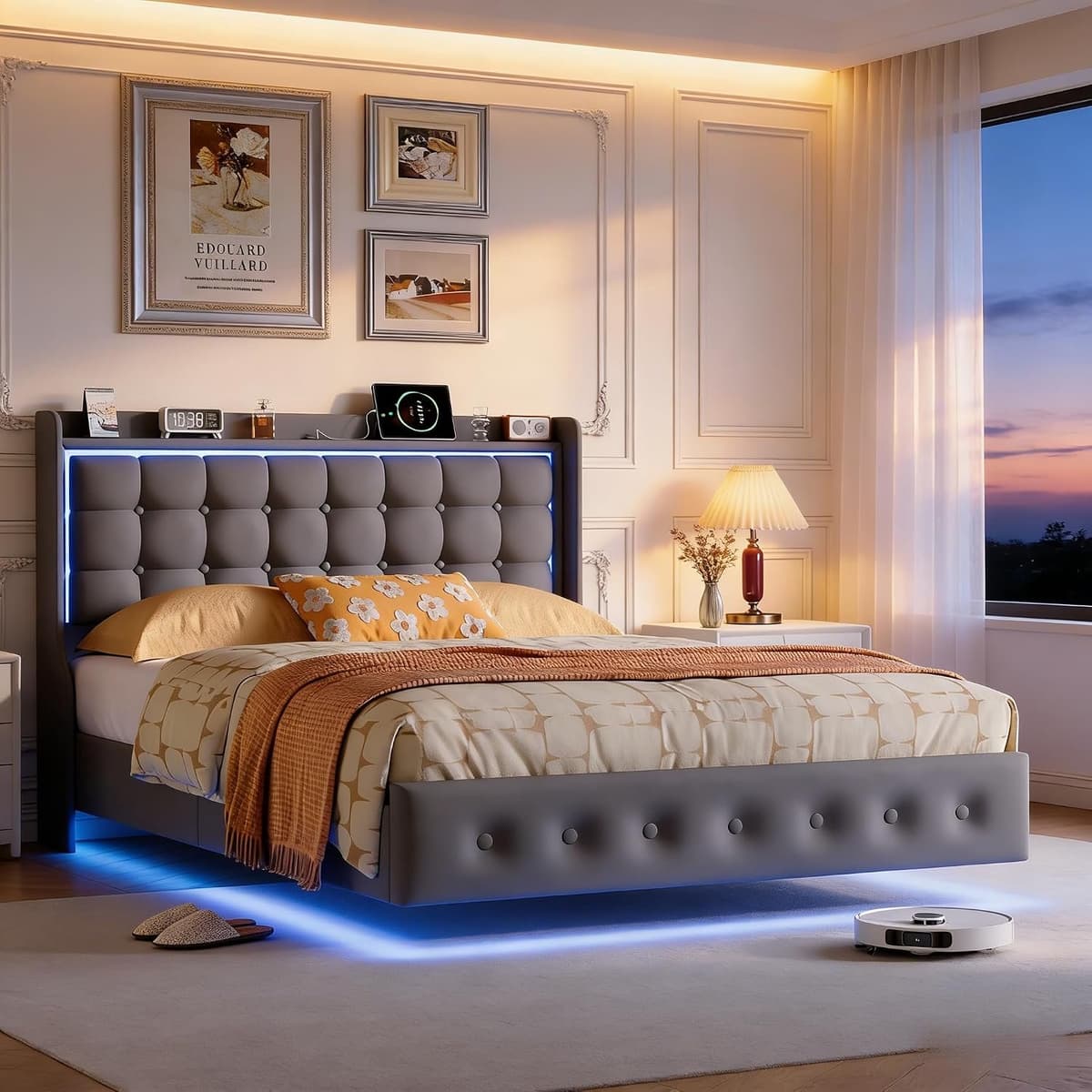 Bedframe 140 x 200 met LED, hoofdeinde met plank en USB/Type-C-poorten, metalen frame en latten, fluwelen bekleding (grijs, 140 x 200 cm) — afbeelding 1
