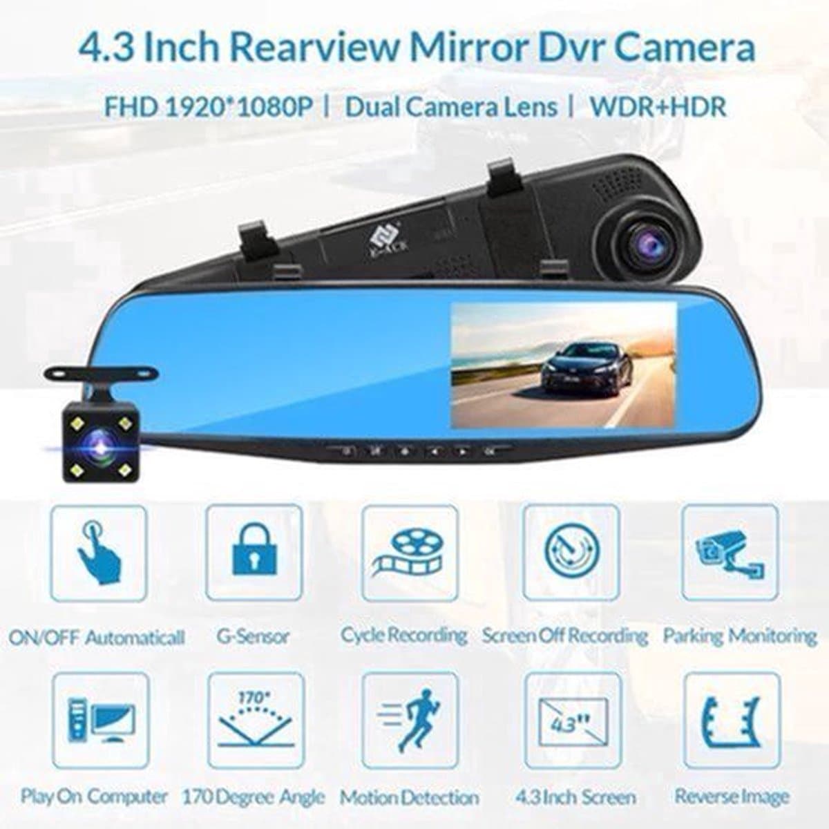 Dashcam voor Auto - 4.3 Inch - Full HD 1080P Auto Rij Recorder - Achteruitkijkspiegel DVR - Nachtzicht, Bewegingsdetectie, Parkeermodus - 6M Achteruitrijcamera - Zonder Geheugenkaart - Zwart — afbeelding 1