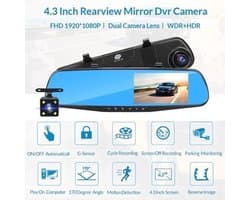 Dashcam voor Auto - 4.3 Inch - Full HD 1080P Auto Rij Recorder - Achteruitkijkspiegel DVR - Nachtzicht, Bewegingsdetectie, Parkeermodus - 6M Achteruitrijcamera - Zonder Geheugenkaart - Zwart