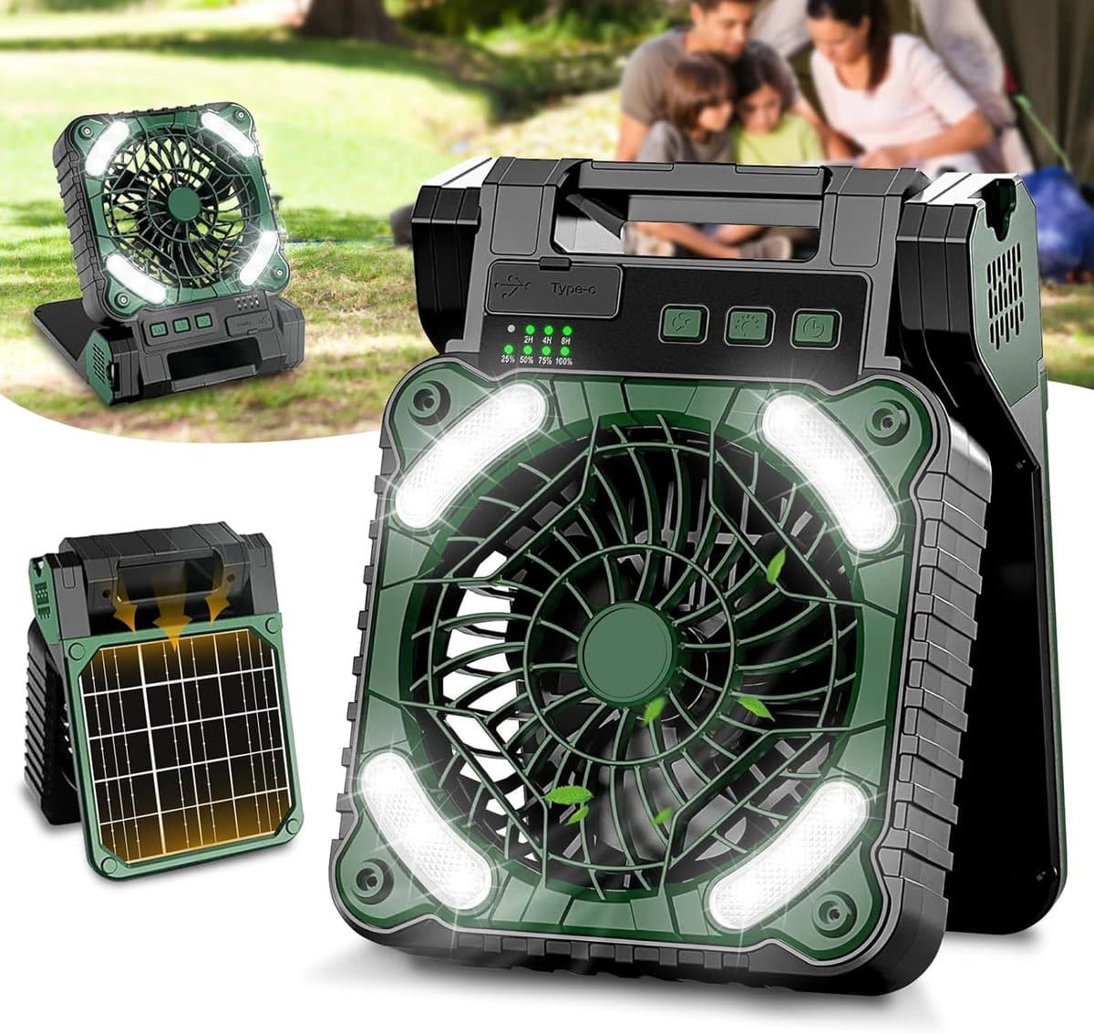 Ventilator met zonnepaneel, 10400 mAh, oplaadbare campingventilator, werkt op batterijen, draagbaar, met ledlampen, 4 snelheden, stille tafelventilator voor op reis — afbeelding 1