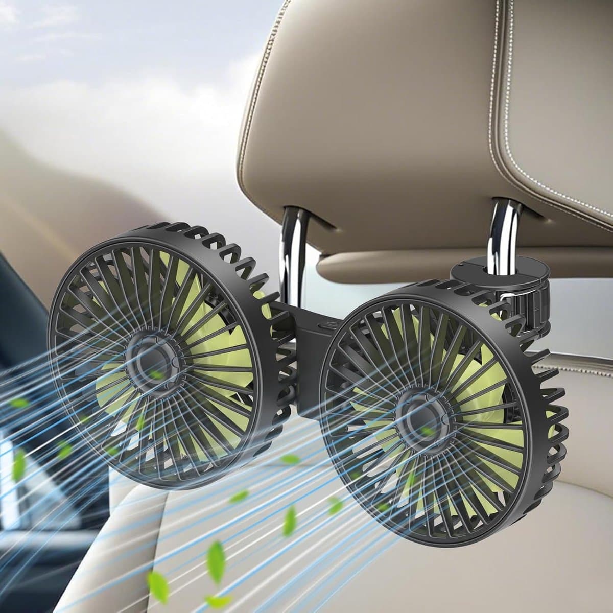 Dubbele Kop Autoventilator, Verstelbare 360 Graden Draaibaar 12 Volt Voertuig Stille Koelventilator, 3 Snelheden Achterbank Autoventilator voor Kinderen, Honden, Bestelwagen, SUV, Camper, Boot — afbeelding 1