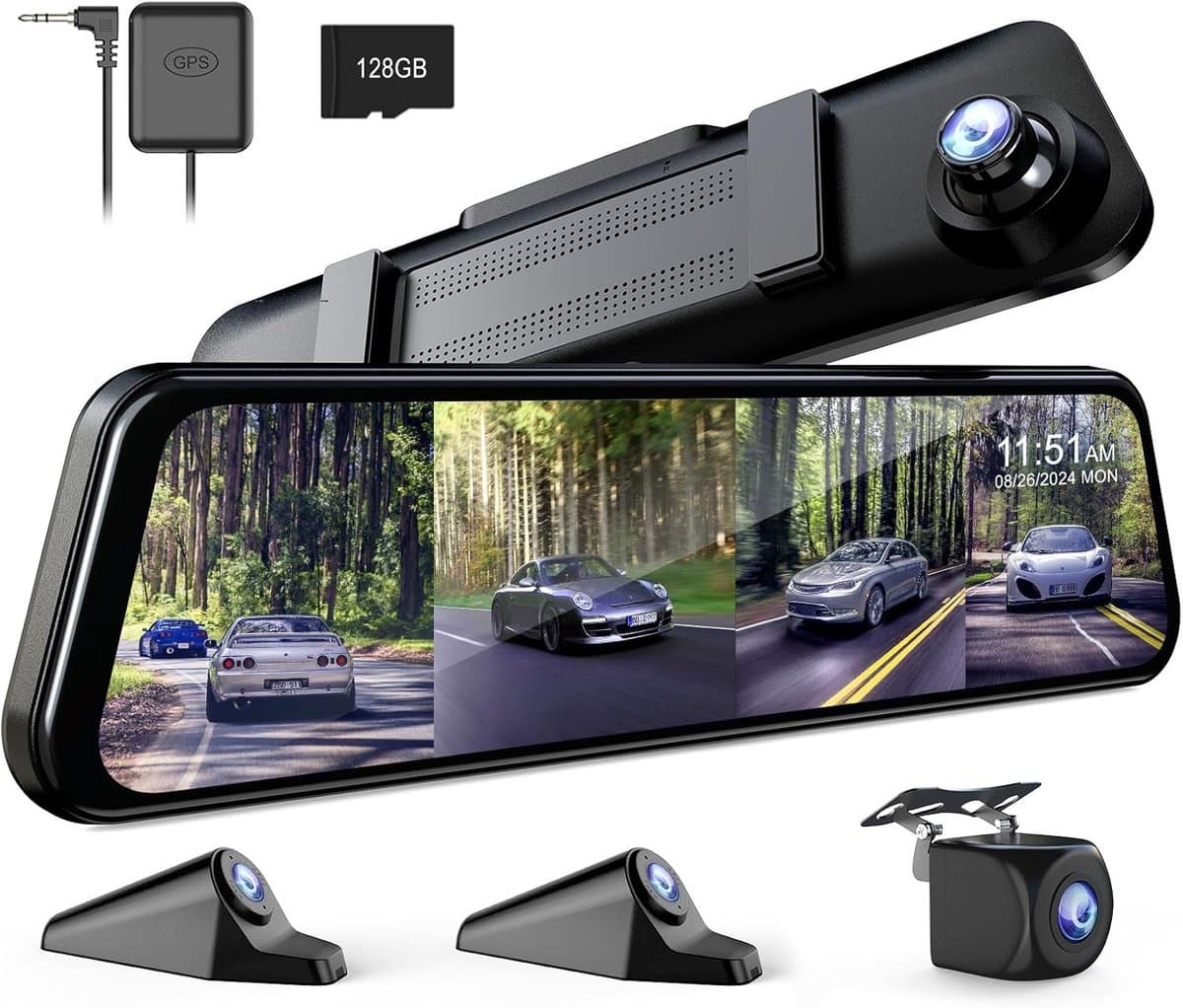 SnelShoppen - 360° 4-kanaals spiegel dashcam met losse camera's voor auto, 12 inch touchscreen, 4×FHD 1080P, nachtzicht, GPS, parkeerbewaking, 128GB g — afbeelding 1