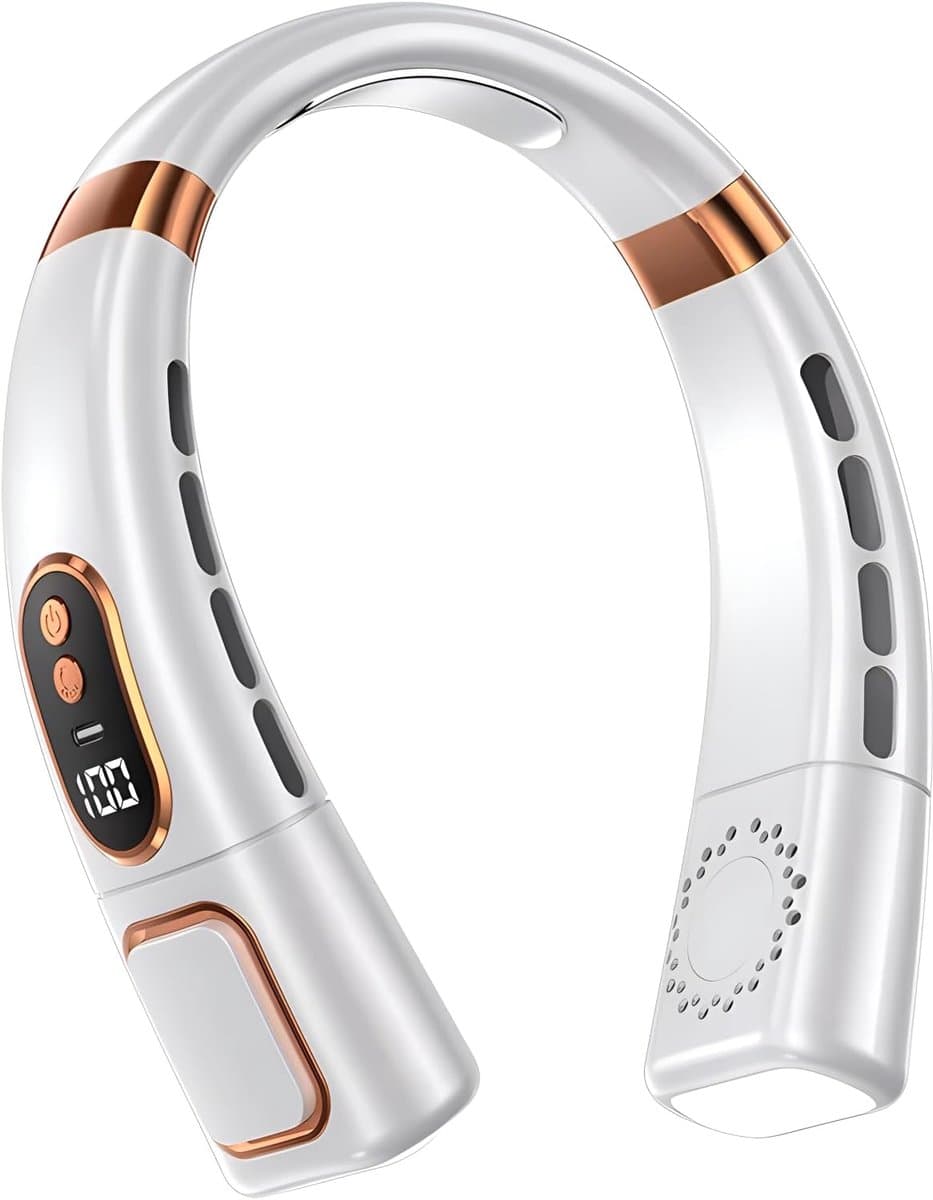 Nekventilator met digitaal display en sfeerverlichting in verschillende kleuren, 4000 mAh accu, USB-oplaadfunctie, 5 windstanden, bladloze draagbare nekventilator, luchtkoeler, persoonlijke ventilator (wit). — afbeelding 1