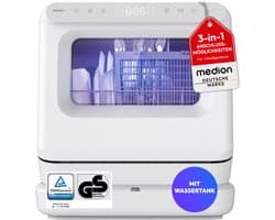 MEDION Mini Vaatwasser DWT30, 3 Couvert, Tafelvaatwasser, werkt met of zonder wateraansluiting, 6 Programma’s, UV Licht, Ventilatiedroging, Touch Display, vrijstaand, MD370022