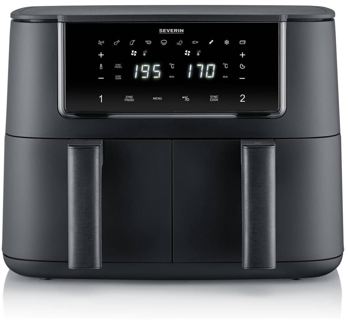 Severin FR 2463 Black Line Dual - Dubbele airfryer - Hetelucht friteuse - Touchscreen - 2x 4 liter - 11 Automatische programma's - Sync cook & finish – Zwart — afbeelding 1