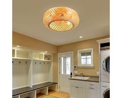 Bamboe Lampenkap Plafondventilator met Verlichting en Afstandsbediening - Stil Plafondlicht met 6 Snelheden en Omkeerbare Rotatie - Rieten Hanglamp voor Slaapkamer, Woonkamer en Keuken