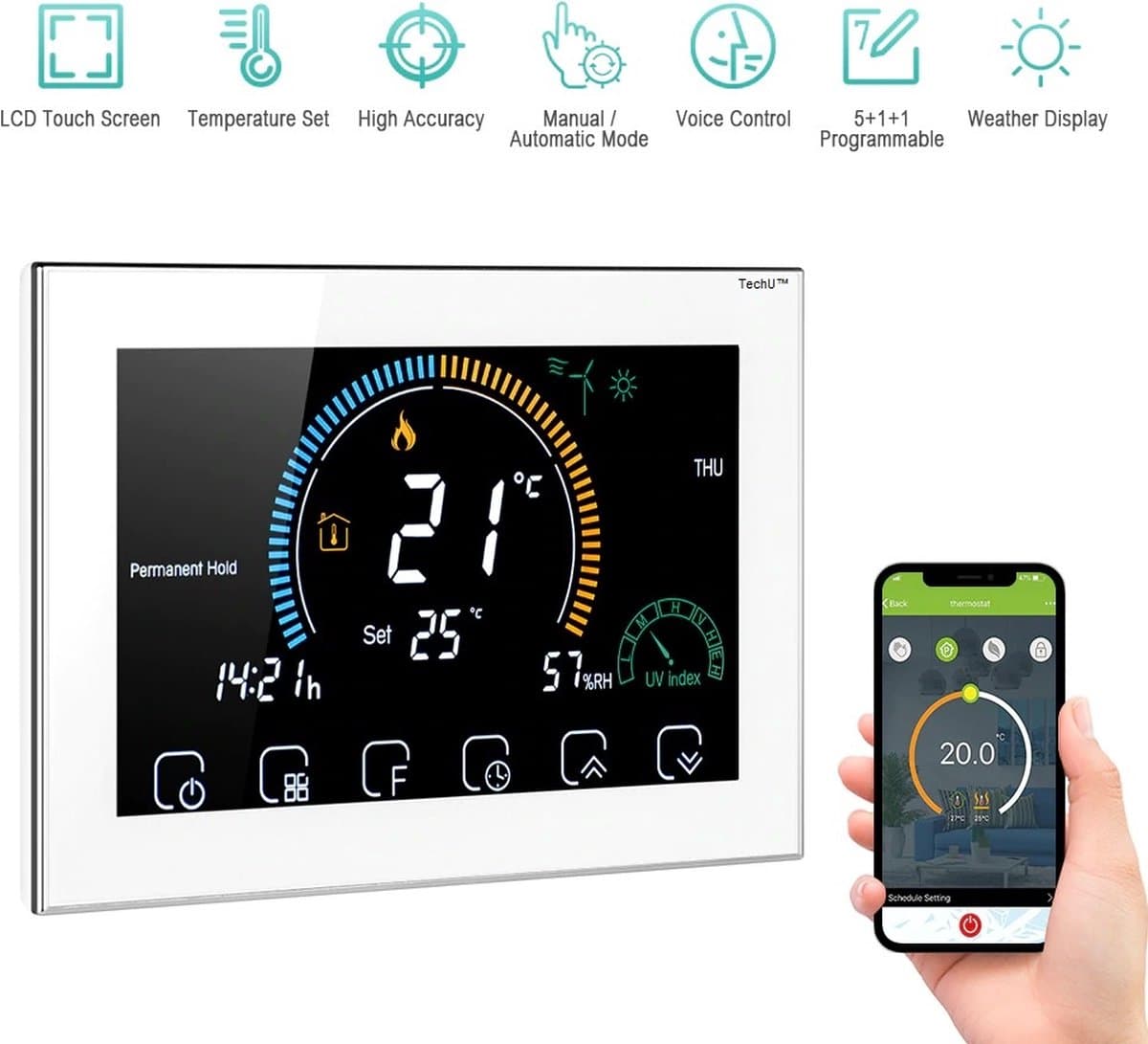 TechU™ Smart Thermostaat Relax – Wit – Alleen voor Elektrische Vloerverwarming – App & Wifi – Google Assistant & Alexa — afbeelding 1