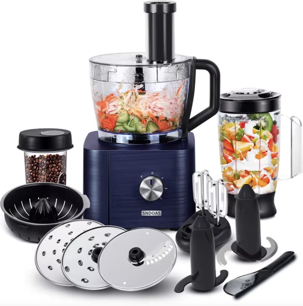 Keukenmachine - Alles in 1 keukenmachine - Multifunctionele keukenmachine - Vleesmolen - Garde - Kneder - Shredder - Sinaasappelpers - Hakselaar - Blender - 1100W - Blauw — afbeelding 1