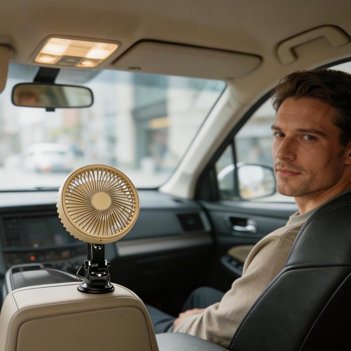 Auto Koelventilator - Auto Ventilator - Zomerse Rit - 360 Graden Verstelbaar - 13.6 cm Diameter - Crèmekleurig — afbeelding 1