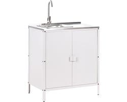 Buitenkeuken Kast - Tuinkast Met Spoelbak - Tuinieren En Koken - Roestvrijstalen Blad - 80x50x90 cm - Wit