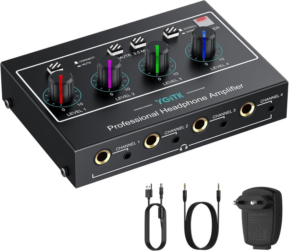 4-Kanaals Stereo Hoofdtelefoonversterker met RGB Verlichting - Mono/Stereo RCA & 6.35mm Aansluitingen — afbeelding 1