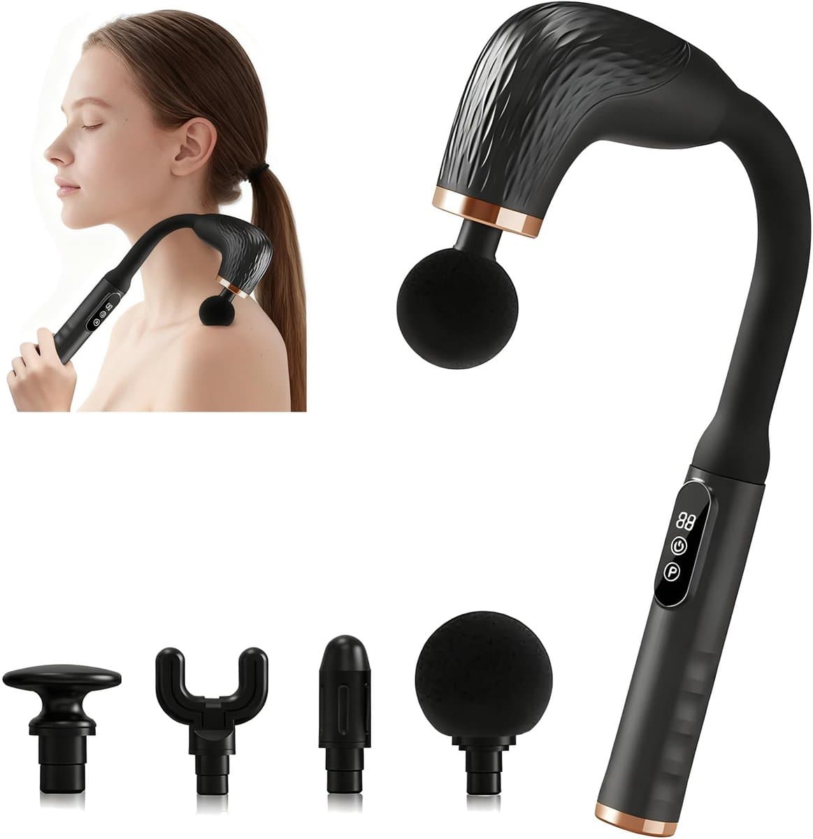 SnelShoppen - Massagepistool met Verlenggreep voor Diepteontspanning van Rug, Nek en Schouders - 6 Niveaus, 4 Massagekoppen, 2000 mAh, Stille Percussi — afbeelding 1