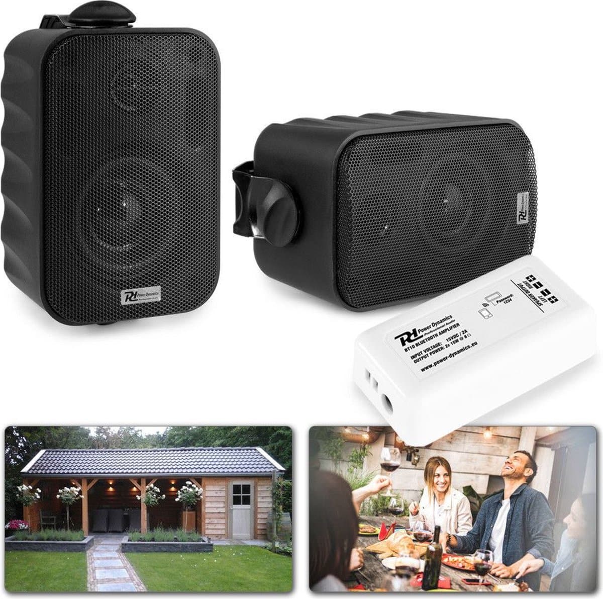 Geluidsinstallatie voor tuin, terras, etc. - Bluetooth geluidsinstallatie met 2 weersbestendige opbouwspeakers (3 inch) - Zwart — afbeelding 1