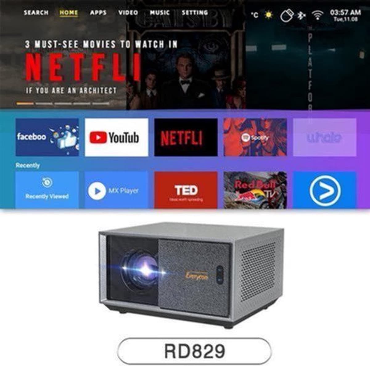 Everycom - RD829 - Beamer - Projector Beamer - Mini Meamer - 1920x1080dpi - Automatische focus - 5G - met WiFi - 12000lumens — afbeelding 1