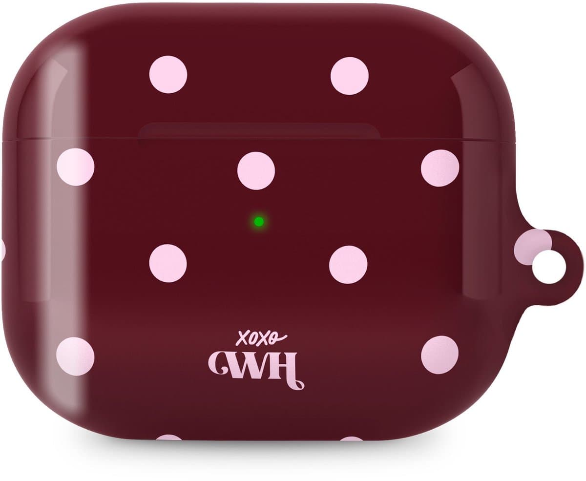 xoxo Wildhearts hoesje geschikt voor AirPods Pro 2 - Polka Dots (Burgundy) - Ook als telefoonhoesje verkrijgbaar - schokbestendige case - koptelefoonhoesje - Beschermhoes met stippenpatroon - Bordeauxrood met witte stippen — afbeelding 1