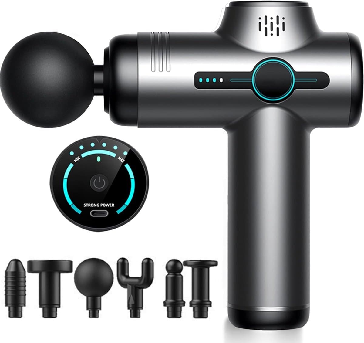 Mini Massagepistool - Elektrisch Massageapparaat voor Nek & Schouder - Deep Tissue Spierherstel voor Sporters - Ultra Stil 3200 rpm - 6 Standen & 6 Koppen - Grijs - 1 Stuk — afbeelding 1