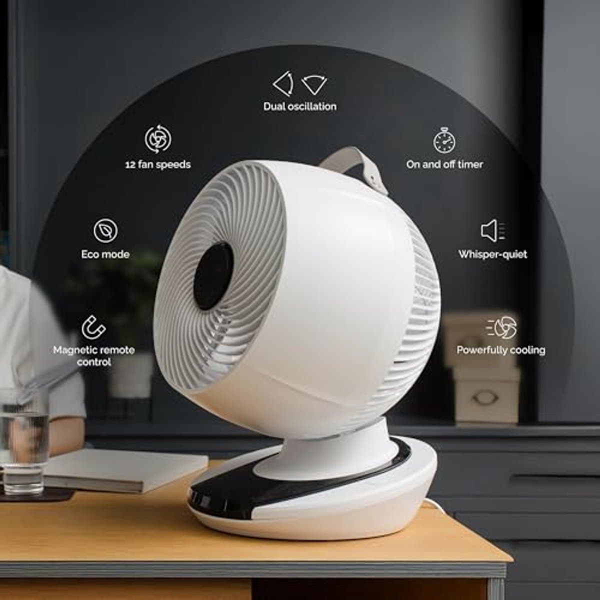 Draagbare Draadloze Ventilator met Nachtlampje - 14 Uur Batterijlevensduur, Koelventilator voor Slaapkamer en Desktop, Ultra-Stil en Energiezuinig — afbeelding 1