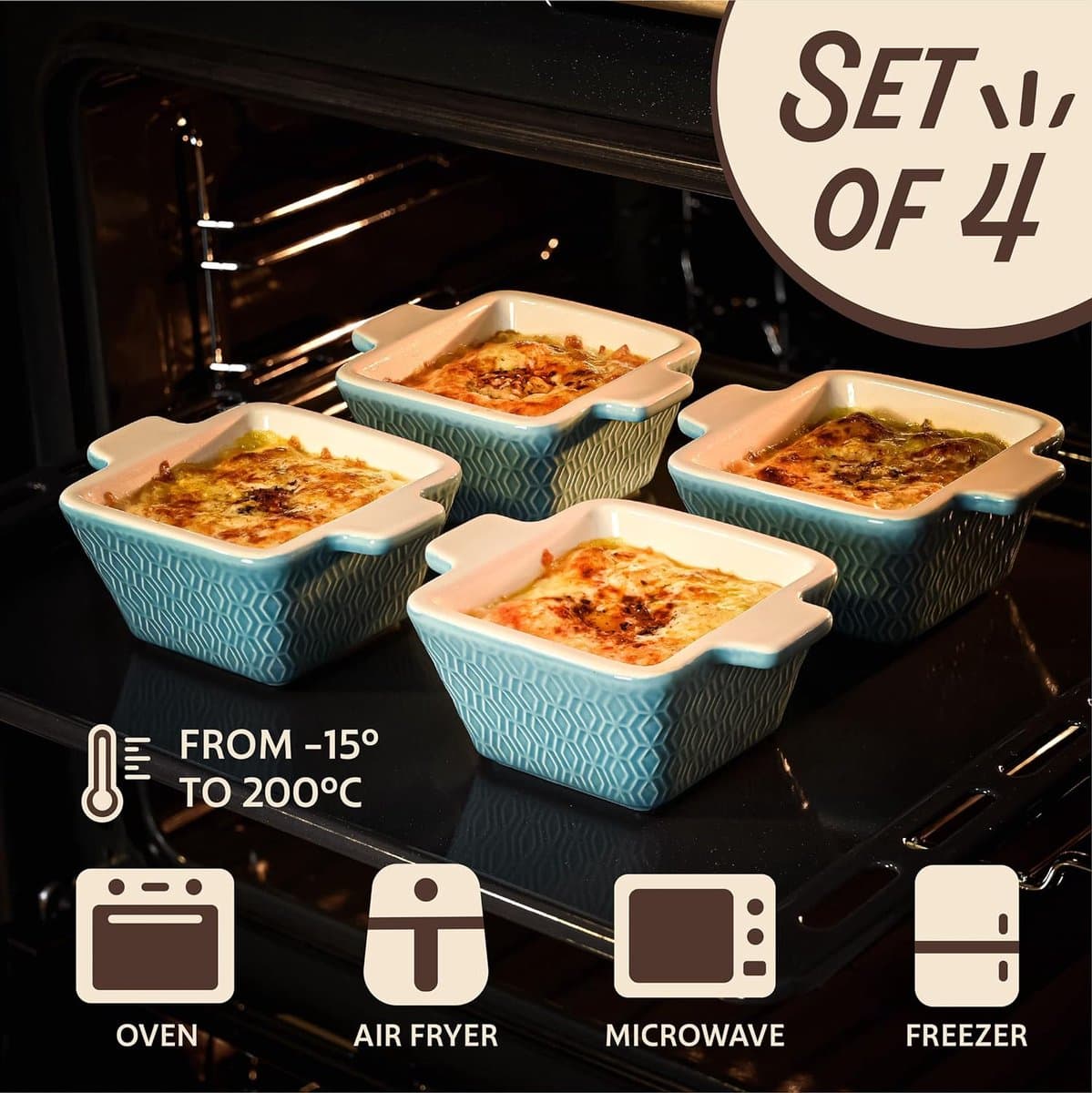 Mini keramische ovenschaal set van 4 - Stapelbaar - Kras- en snijbestendig - Geschikt voor oven & airfryer - Vaatwasmachinebestendig - Blauw — afbeelding 1
