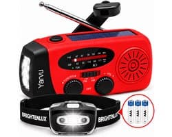 Yarvu ® Noodradio Solar Opwindbaar + LED Hoofdlamp op Batterijen - Noodpakket - 2000mAh - Powerbank - LED Zaklamp - Op Accu - Aanzwengelen - FM AM Radio - Zonne Energie - SOS Sirene - Rood
