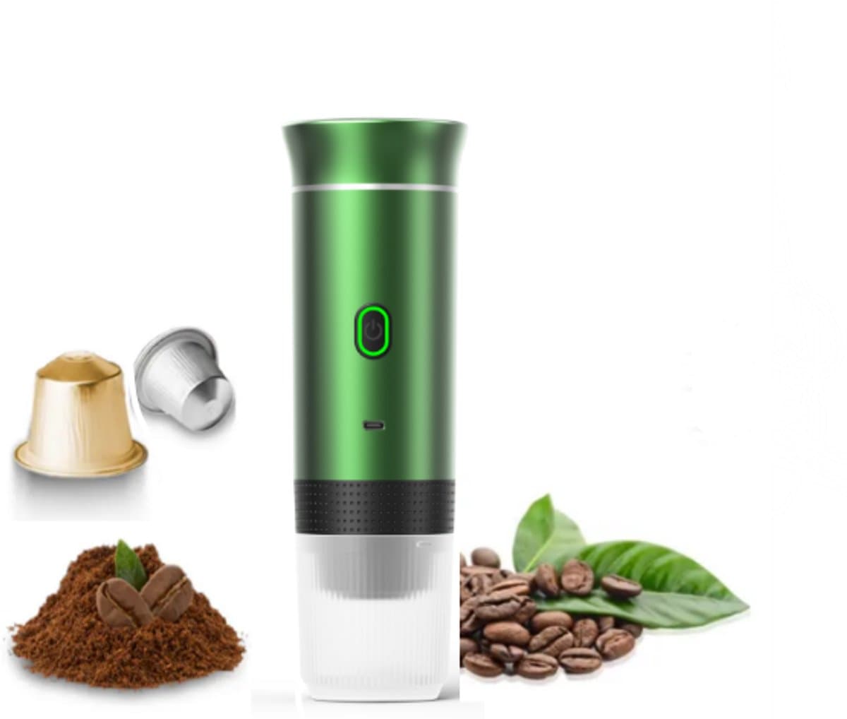 Draagbaar Koffiezetapparaat voor Onderweg - Draadloos voor in de Auto - 12 Volt - Espresso - Nespresso - Dolce Gusto - Capsule Koffie - Gemalen Koffie - Cups - Oplaadbaar - Draagbare Koffiemachine - Groen — afbeelding 1