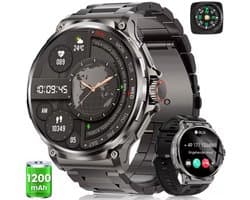 FOSMET Smartwatch Heren - 1200mAh accu - Smartwatch Heren Militair Kwaliteit - 60 dagen standby - Rugged Horloge Heren - Stappenteller - Hartslagmeter - Slaapmonitor - Belfunctie - Kompas - Waterdicht - Sport Horloge - Geschikt voor Android en iOS