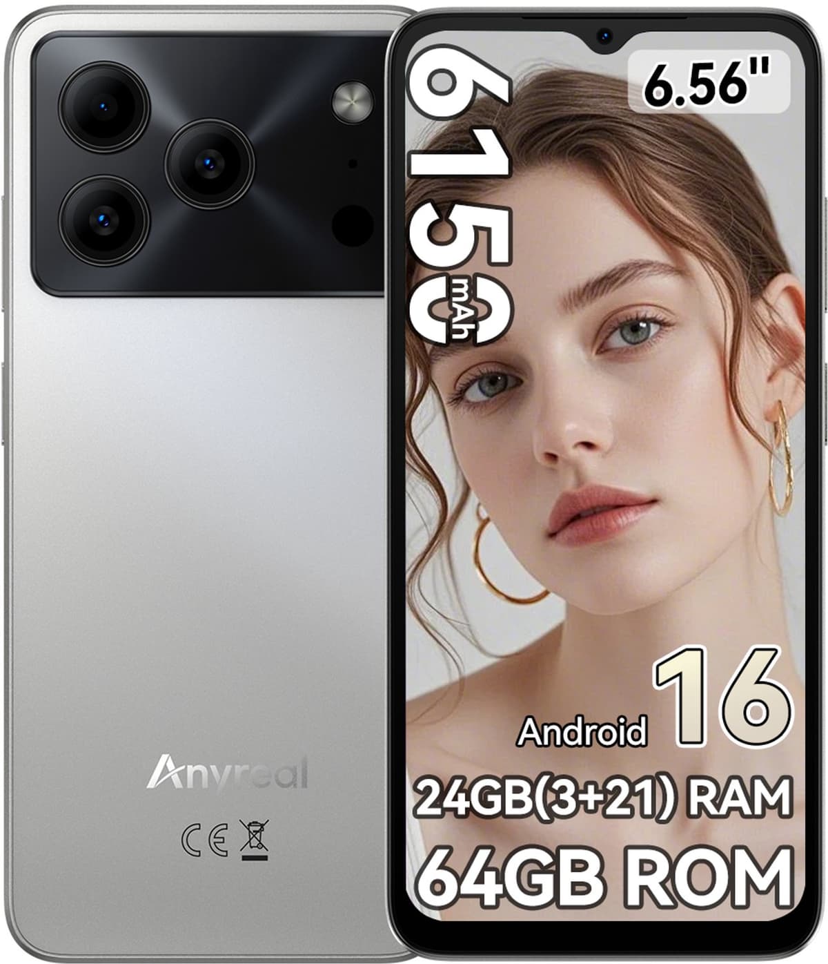 Anyreal Note 56 Smartphone - 6,56 Inch - 24GB(3+21) RAM - 64GB ROM - 6150 mAh - Android 16 - Zilver — afbeelding 1