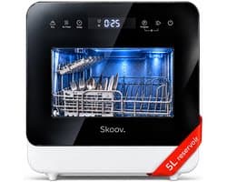 Skoov Vrijstaande mini vaatwasser met waterreservoir - Afwasmachine vrijstaand - Dishwasher - Vaatwas - Met bestekmand - Kleine vaatwasmachine - Smalle - Tafel - Camping - Wit - Compact - 5 Couverts - 7 wasprogramma’s