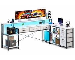 Vurnomi Bureau - Hoekbureau - Gaming bureau - L vormig bureau - Hoekbureau gaming - LED Verlichting - 200 x 148 cm - Wit