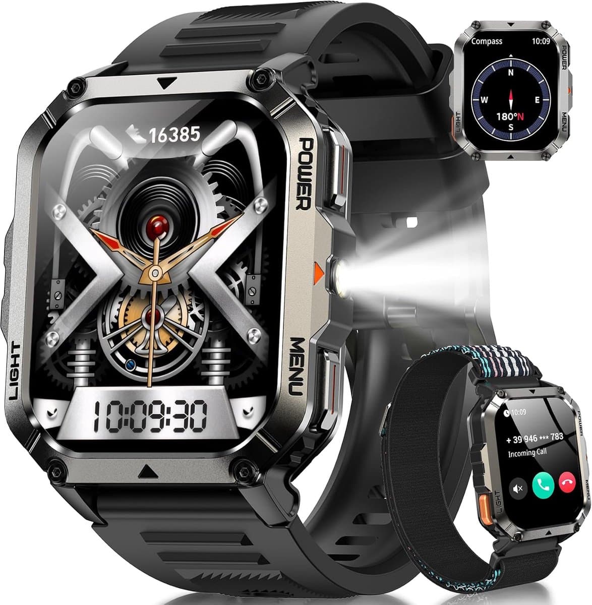 Tactisch Militair Sporthorloge voor Heren – Robuust Horloge met 100 Dagen Batterijduur – Kompas en Zaklamp – Geschikt voor An Android en iOS – met 2,01-inch HD-scherm – AI-Spraakbediening en IP68-Waterbestendigheid - Zwart — afbeelding 1