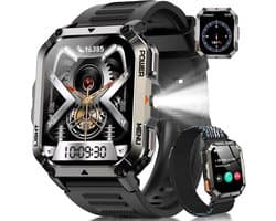 Tactisch Militair Sporthorloge voor Heren – Robuust Horloge met 100 Dagen Batterijduur – Kompas en Zaklamp – Geschikt voor An Android en iOS – met 2,01-inch HD-scherm – AI-Spraakbediening en IP68-Waterbestendigheid - Zwart
