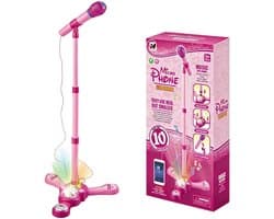 Roze Karaokemicrofoon voor Kinderen - Verstelbare Standaard 40-90 cm - Roterende Lichtbal - 10 Geluidseffecten - Voor Smartphone & MP3 - Vanaf 3 Jaar