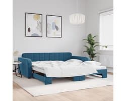 Bedframe, familiebed, tweepersoonsbed, slaapkamermeubel, dagbed, uittrekbaar, blauw, 100x200 cm, fluweel