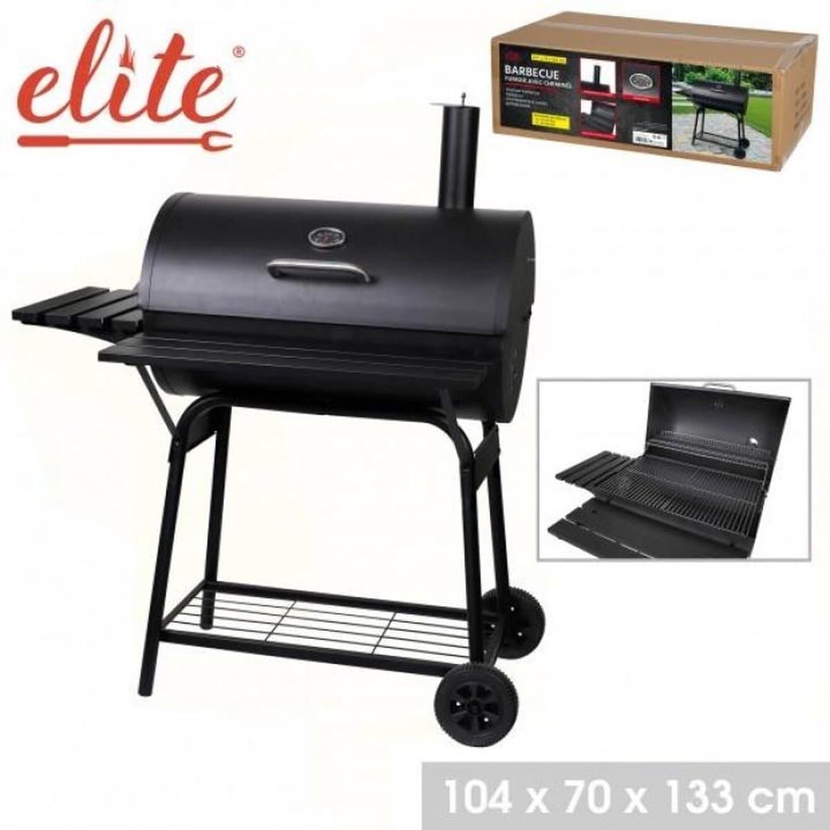 Smoker BBQ met Schoorsteen ELITE – Houtskool Barbecue met Thermometer en 2 Zijtafels – 112x78,3x133 cm – Metaal Zwart — afbeelding 1