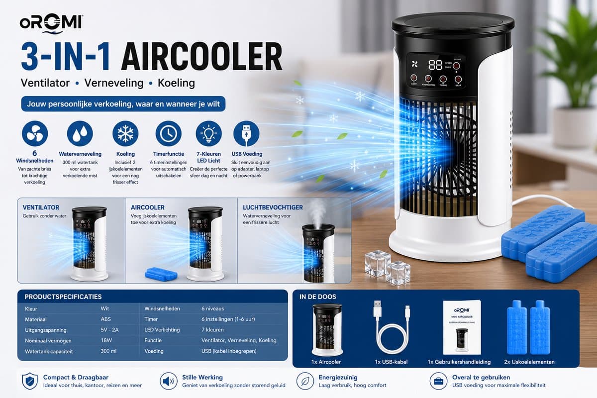oROMI Mini Aircooler met Waterverneveling – 6 Snelheden – 300 ml Watertank – 7 Kleuren LED – Timer – USB Tafelventilator met 2 Koelelementen — afbeelding 1