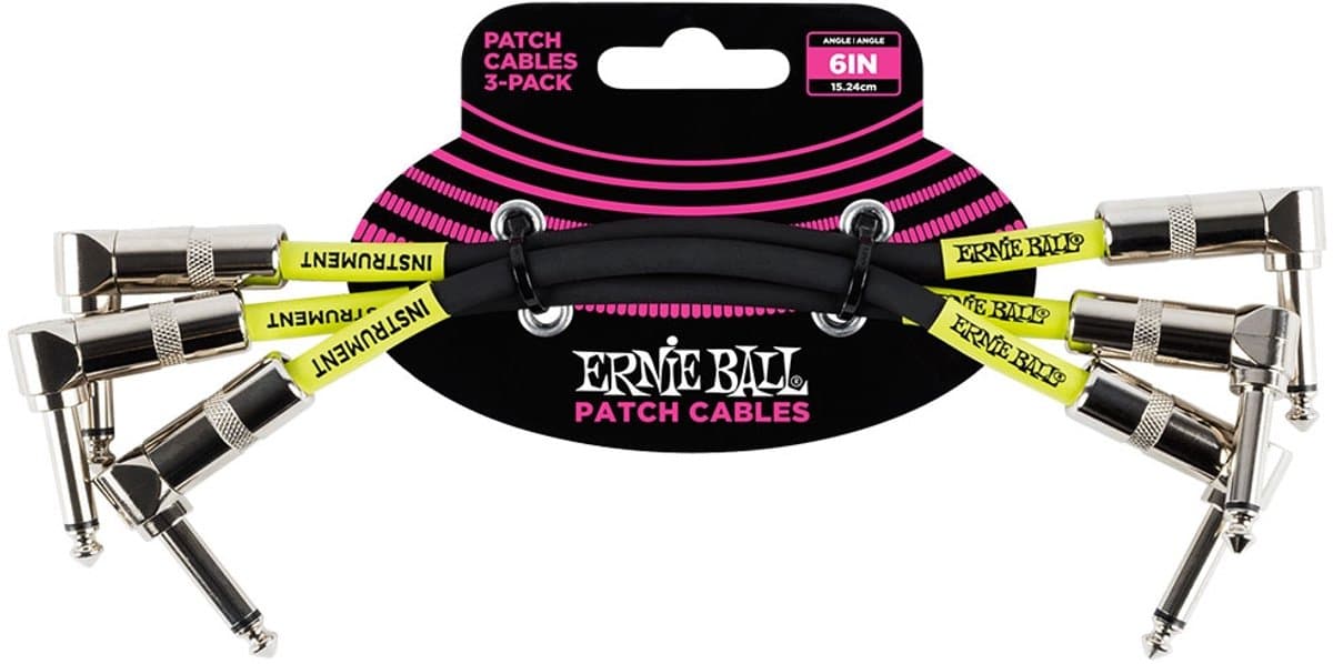 Ernie Ball Patchkabel - 3-Pack - Haaks/Haaks - 15 cm - Zwart - Dubbelgeleider - Meervoudige Afscherming - PVC Mantel — afbeelding 1