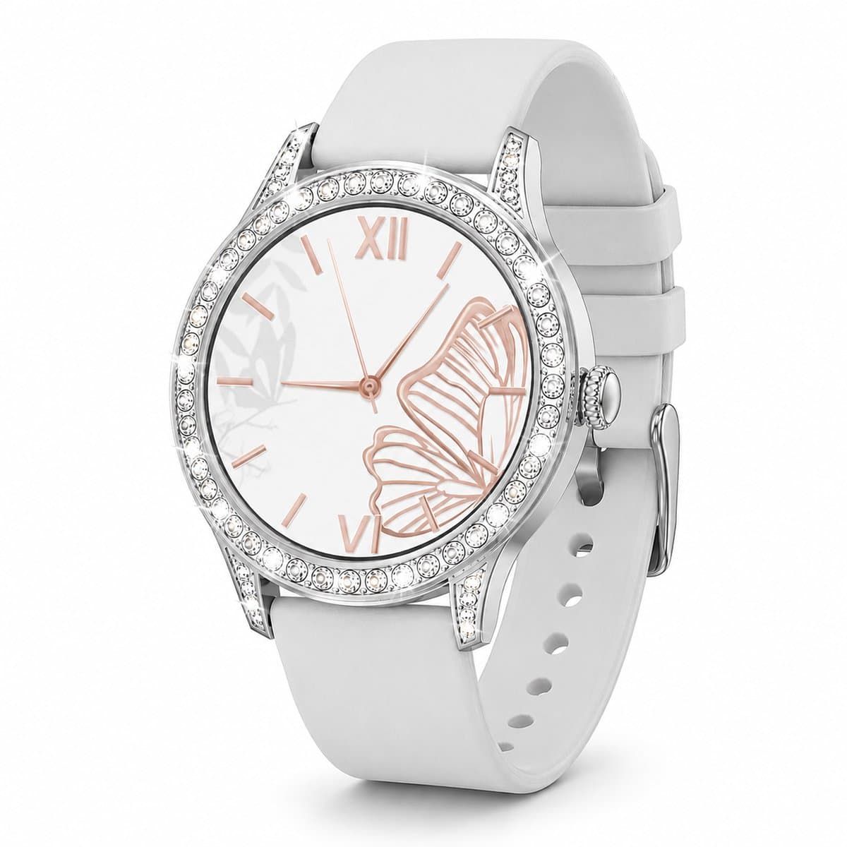 Knobbout 1,27 Inch Dames Sierlijke Smartwatch met Strass– HD Touchscreen – Hartslag-, Bloeddruk- & Zuurstofmeting – Slaapmonitor – Ademhalingstraining – Menstruatiecyclus – AI-Spraakassistent – IP68 Waterdicht – Wit Silicone Band — afbeelding 1