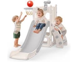 5-in-1 glijbaan voor kinderen, voor binnen en buiten, speelplaats voor kinderen met basketbalmand, opbergruimte en telescoop, speelplaats voor kinderen vanaf 1 jaar, grijs