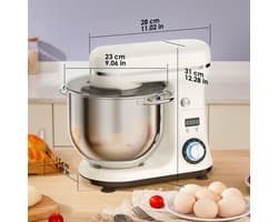 Keukenmachine 6L - 1200W - Staande Mixer - RVS Mengkom - 6 Snelheden + Pulse - LED Display - Inclusief Garde, Deeghaak & Platte Menghaak - Wit