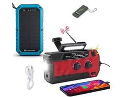 Noodradio Solar Opwindbaar en Batterij - 2026 Editie - Noodpakket - Draagbare Survival Radio - Inclusief 10.000 mAh Solar Powerbank en Noodfluit - Powerbank Zonneenergie - Bouwradio - Zaklamp - Rood