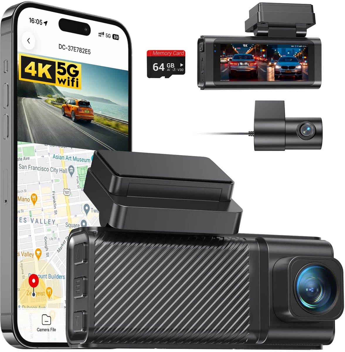 SnelShoppen - Dashcam 4K+2.5K Dubbelkanaals Voor en Achter met 5.8GHz WiFi, Ingebouwde GPS, 3.16" IPS Scherm, Nachtzicht, G-Sensor 170°, Parkeerstand, — afbeelding 1