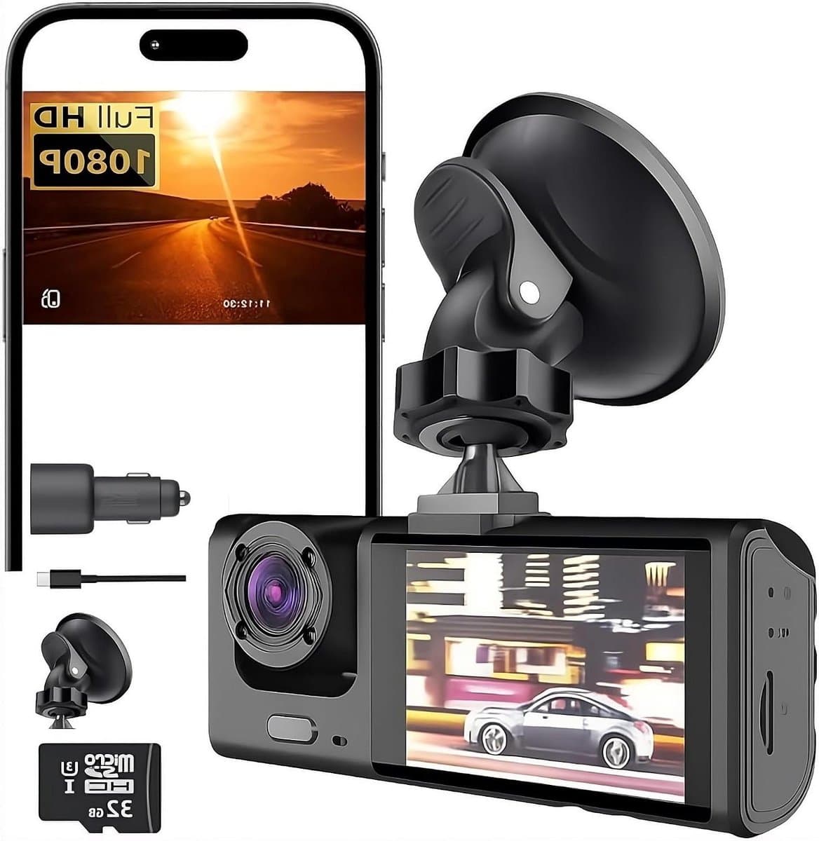 Dubbele Dashcam - Auto Camera - Veilige Ritten - Full HD Nachtzicht - 32 GB Inclusief - Zwart — afbeelding 1