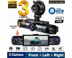 3-Camera Dashcam – 1080P Full HD Voorcamera & 720P Zijcamera's – 360° Opname met Nachtzicht en 3 Inch IPS-scherm – Inclusief 32GB memory kaart