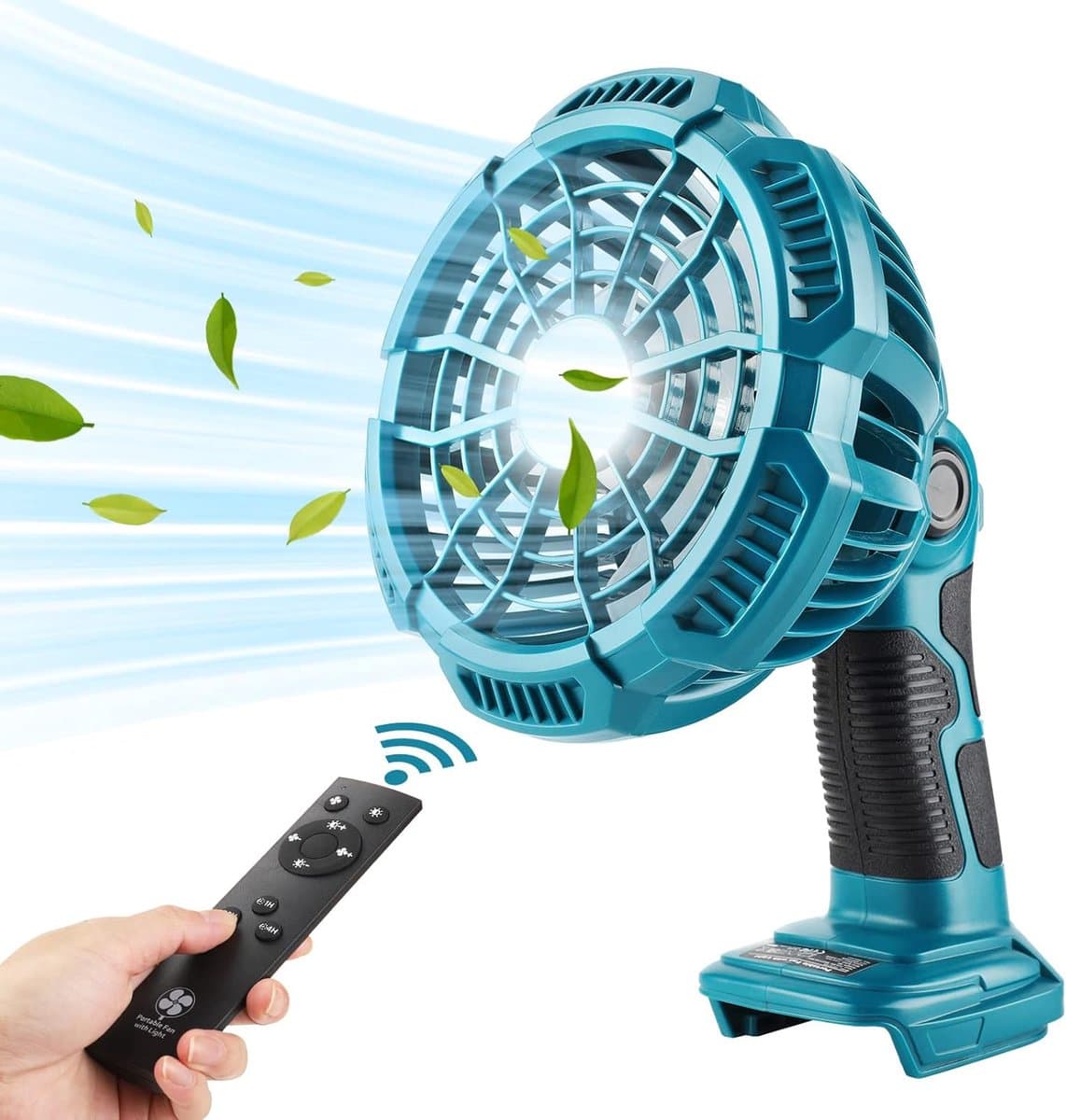 Makita 18V Li-ion accu draagbare ventilator met verlichting, stille USB oplaadbare bureauventilator met afstandsbediening, 4-uurs timer, krachtige luchtstroom, 3 snelheden — afbeelding 1