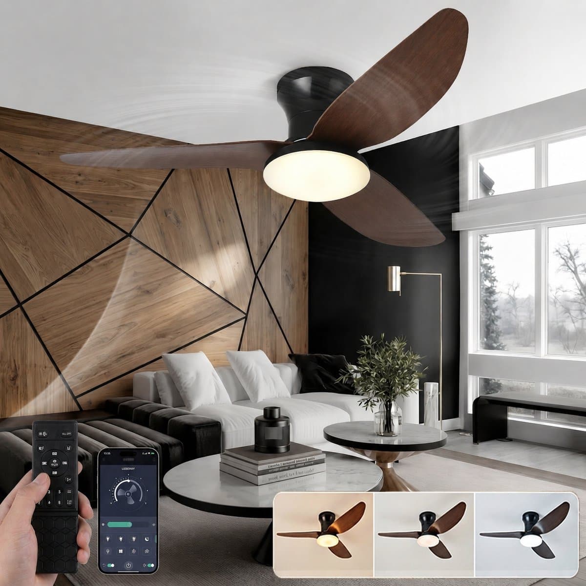 Lapamax Moderne Houtlook Plafondventilator met Verlichting Ø100 cm – Smart Ventilator Lamp met App en Afstandsbediening – Dimbaar -6 Snelheden-Timer en Zomer/Winterstand – Stille DC – Voor Slaapkamer, Woonkamer en Eetkamer-LED Lamp — afbeelding 1