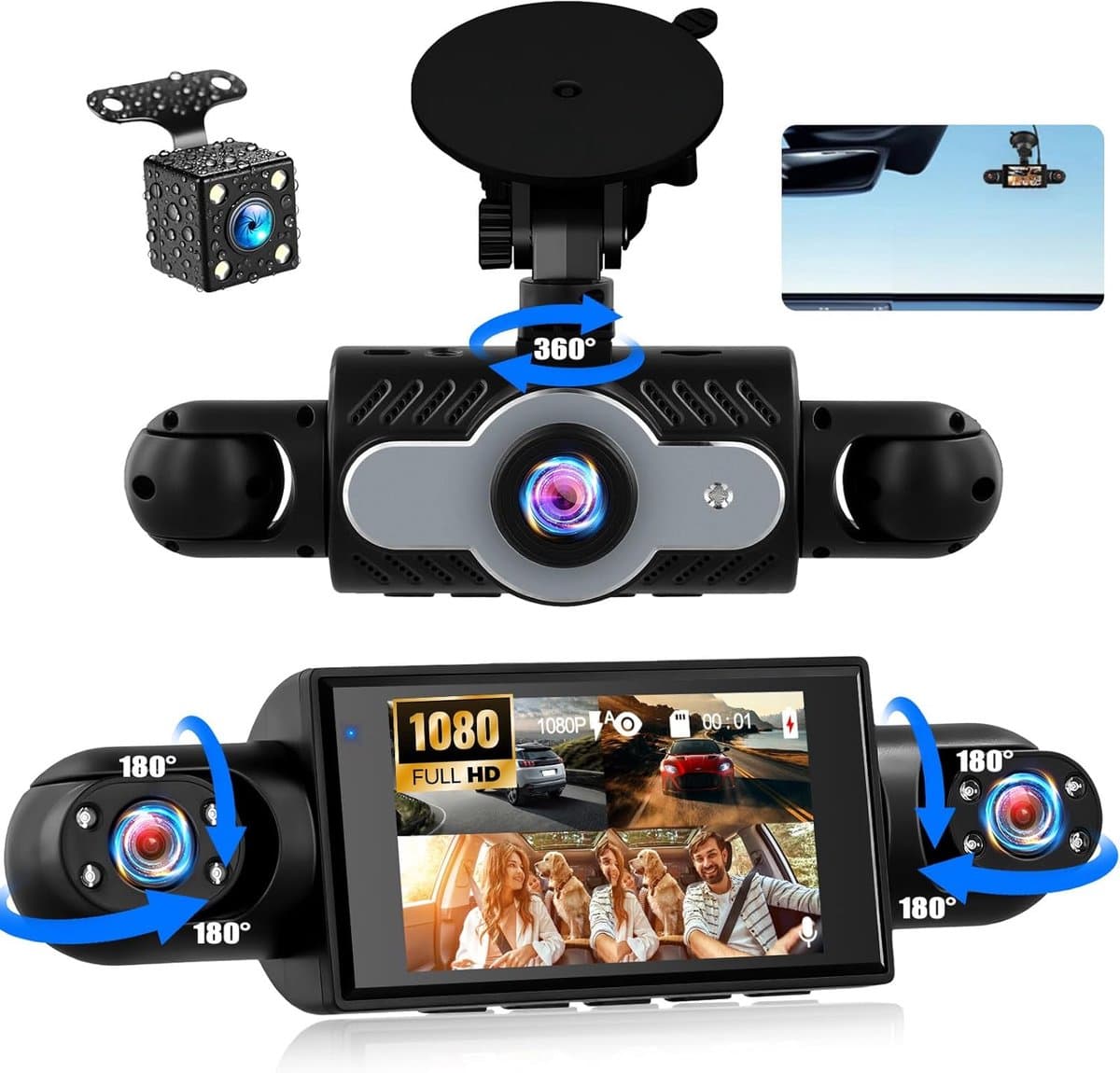 SnelShoppen - SIXTOP 4 camera's dashcam 360° rondomzicht auto DVR - 1080P Full HD, 3 inch IPS-display, nachtzicht, bewegingsdetectie, loop-opname & ac — afbeelding 1