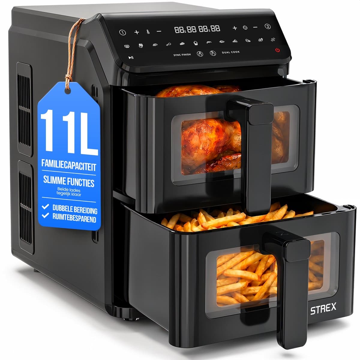 Strex Airfryer Dubbele Mand 11L XXL Heteluchtfriteuse 2500W - Airfryer 2 Manden - Dual Basket - 13 Kookprogramma's - Airfryer Verticaal Groot voor Gezin — afbeelding 1