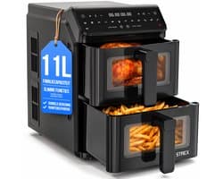 Strex Airfryer Dubbele Mand 11L XXL Heteluchtfriteuse 2500W - Airfryer 2 Manden - Dual Basket - 13 Kookprogramma's - Airfryer Verticaal Groot voor Gezin