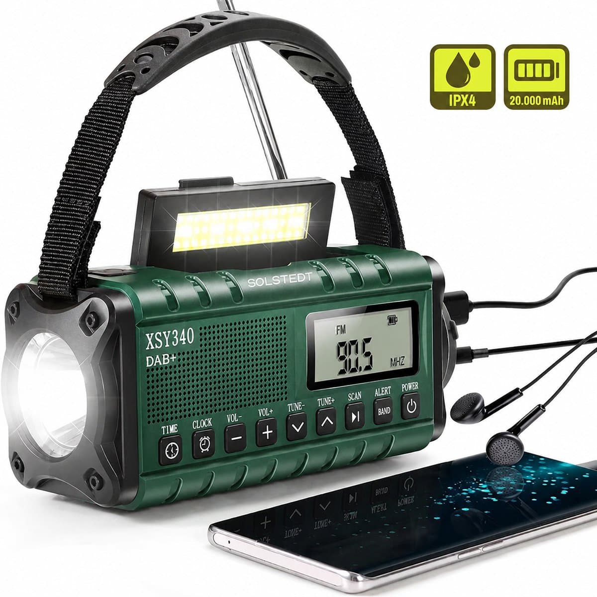 Solstedt® Noodradio - Altijd Overal Ontvangst - DAB+ - 20.000mAh - Noodradio Solar Opwindbaar - Met Krachtigste Powerbank - Noodradio Opwindbaar en Batterij - Draagbare Radio - Incl. Zaklamp - Noodpakket - USB Oplaadbaar - Groen — afbeelding 1