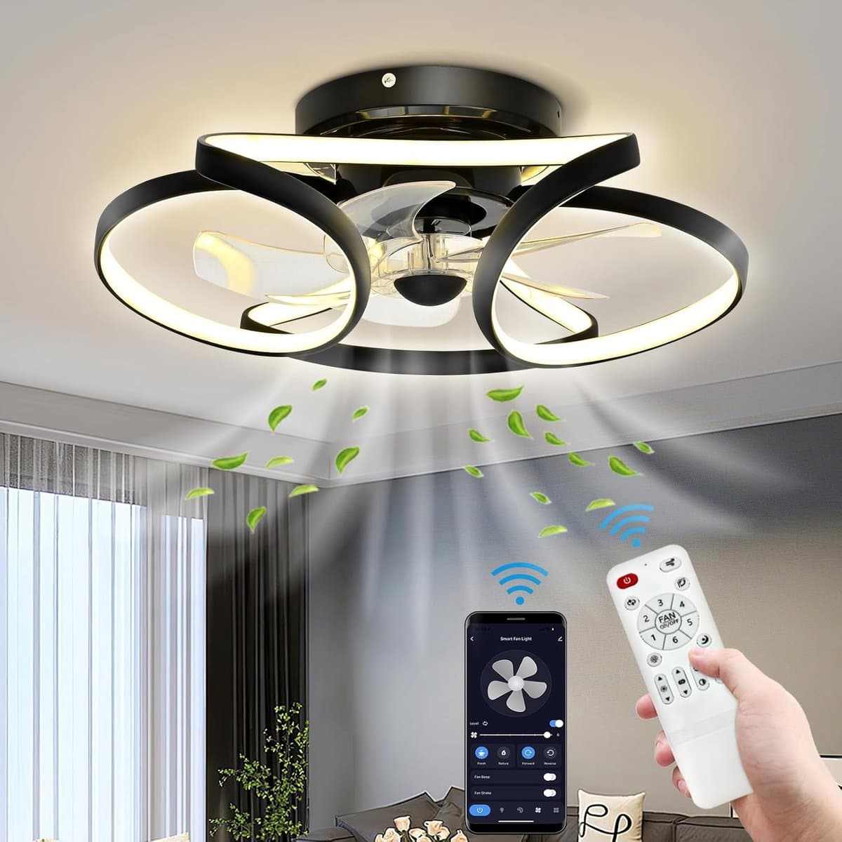 Ventilator Plafondlamp - Dimbaar Met Afstandsbediening - Smart Lamp - Zwart - 6 Standen - Moderne Ventilator Lamp - 64W — afbeelding 1