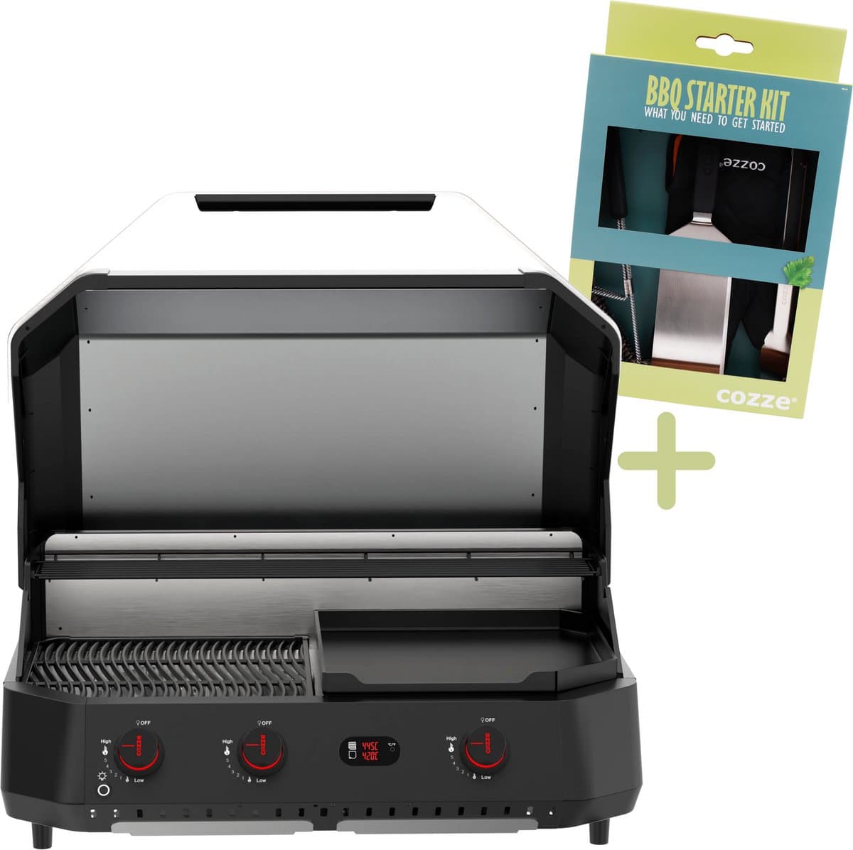 Cozze® G-800 Combo Plancha BBQ Grill - 3 Gasbranders - Gasbakplaat & BBQ voor Buiten Koken - 30 mbar - Inclusief Gratis BBQ Set - Outdoor Cooking Station — afbeelding 1